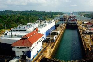A ship making the transit through Gatun locks